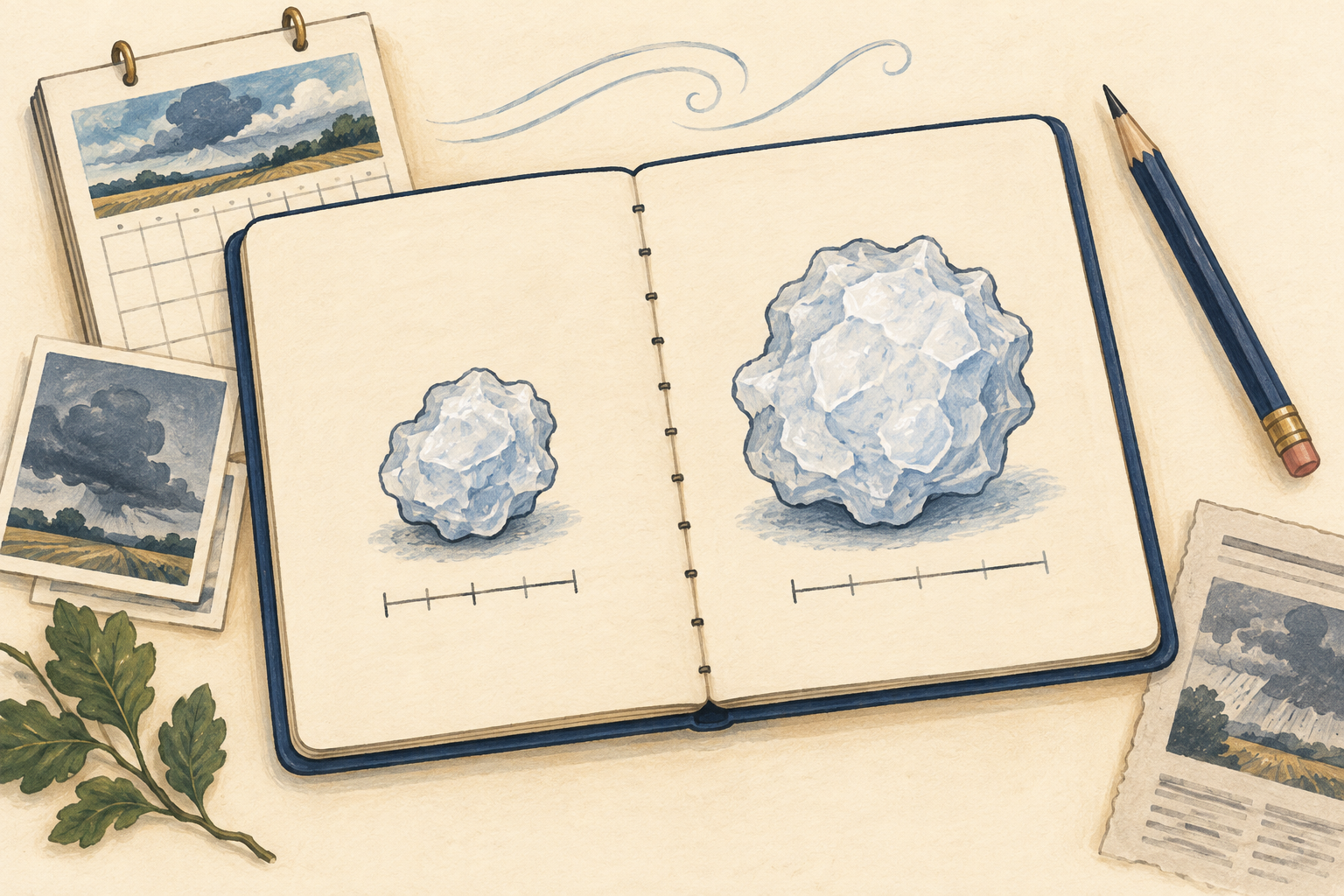Warm hand-drawn weather archive notebook comparing small and large hailstones, with a calendar and storm clippings